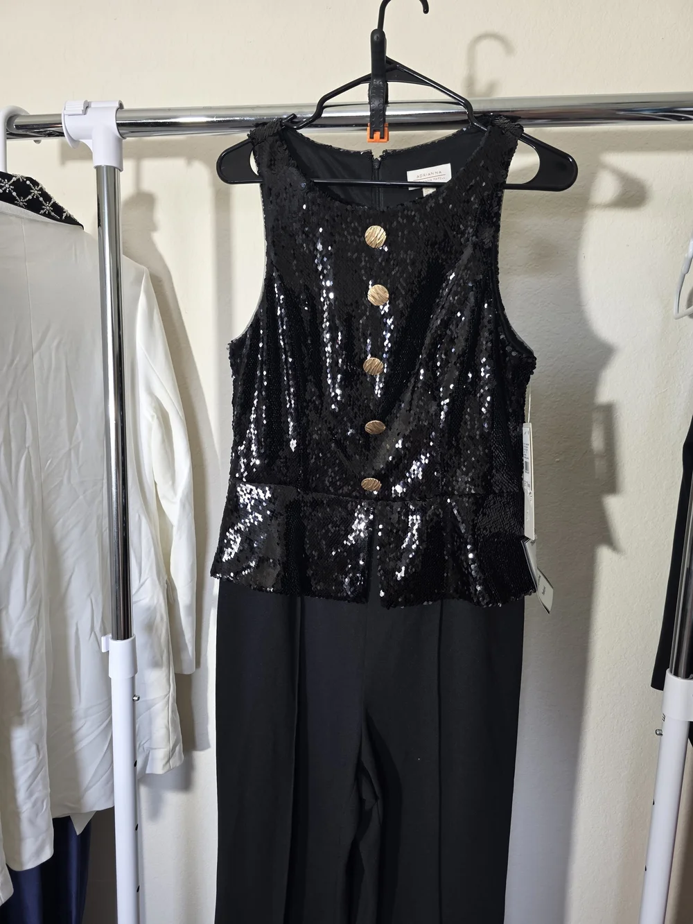 Adrianna Papell Black Sequin Peplum Jumpsuit Gold Buttons CrewNeck CocktailEvent - Picture 5 of 12